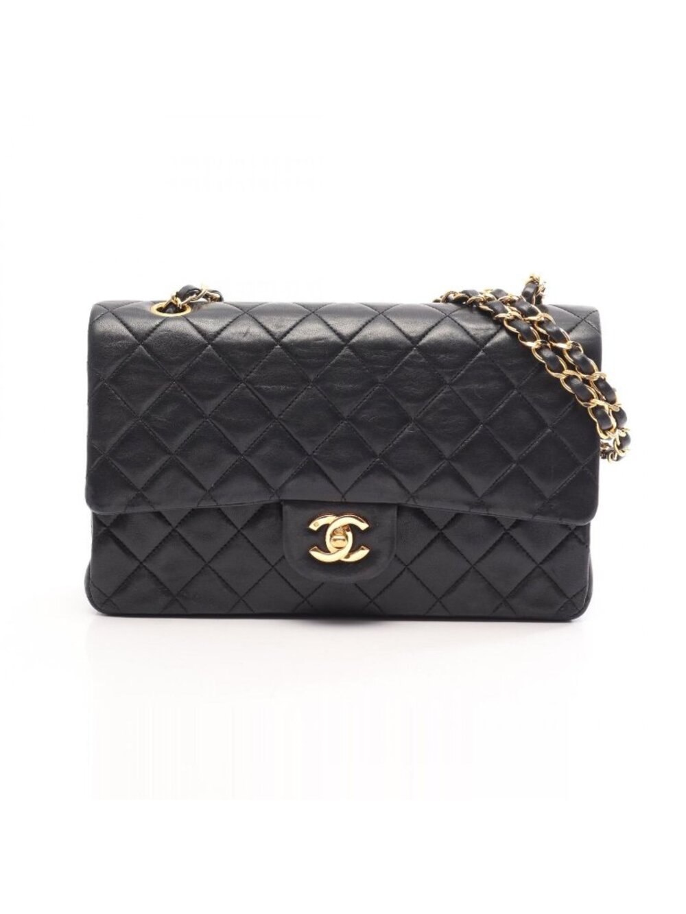Chanel Shoulder Bag Quilted Double Flap Black Lambskin Chain